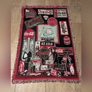 Vintage Coca Cola Advertisement Afghan Throw Blanket Tapestry Fringes VTG 64x46"